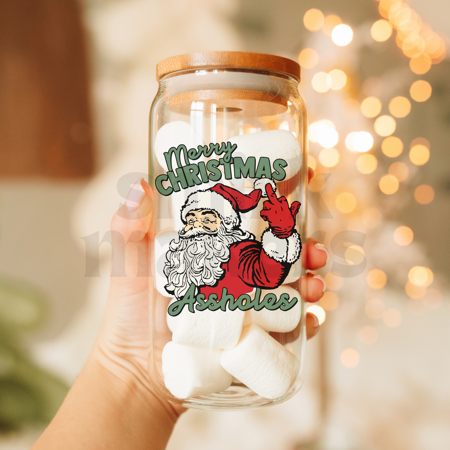 "Merry Christmas A-holes" funny Santa middle finger 20 oz glass can.