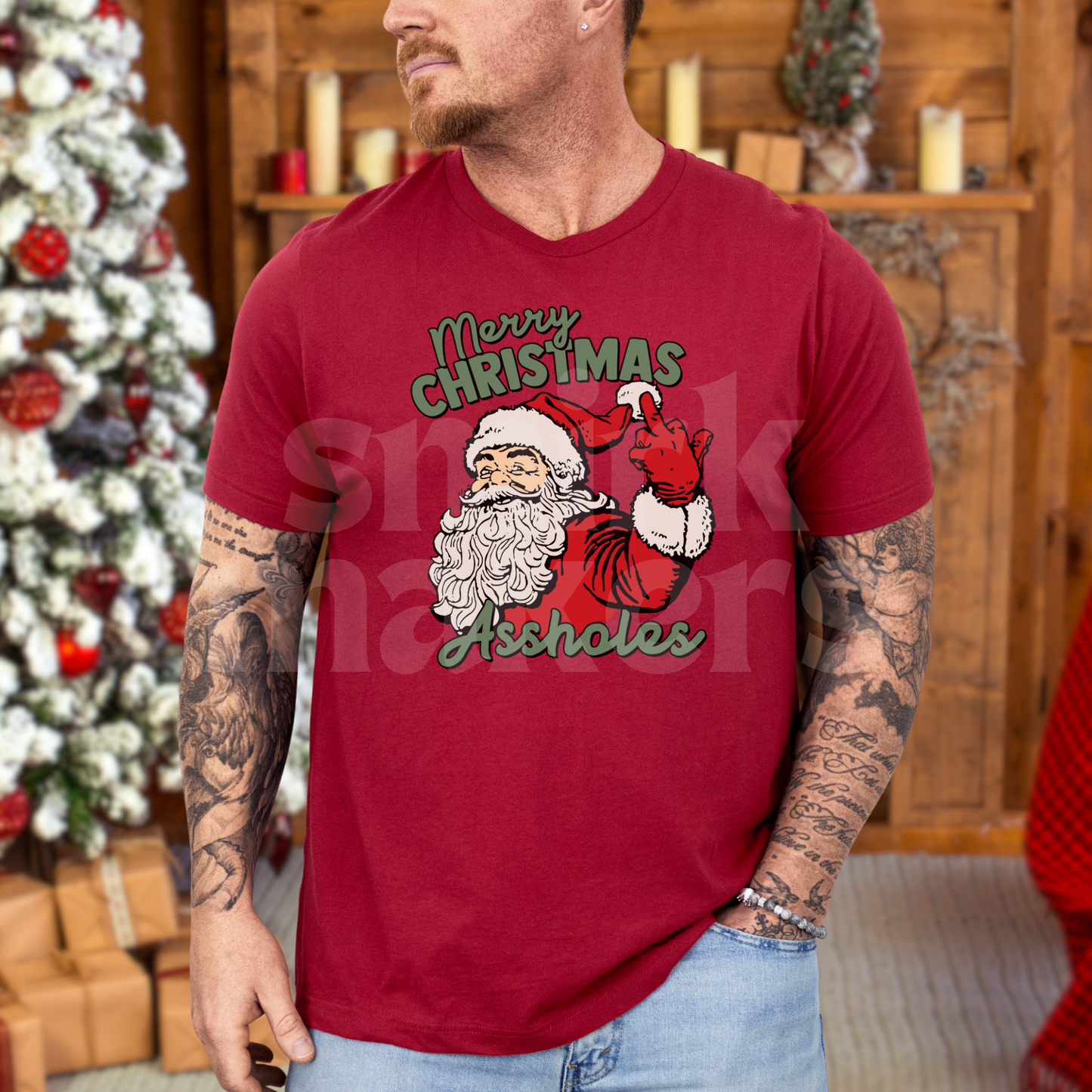 "Merry Christmas A-Holes" Christmas Santa graphic tee in red.