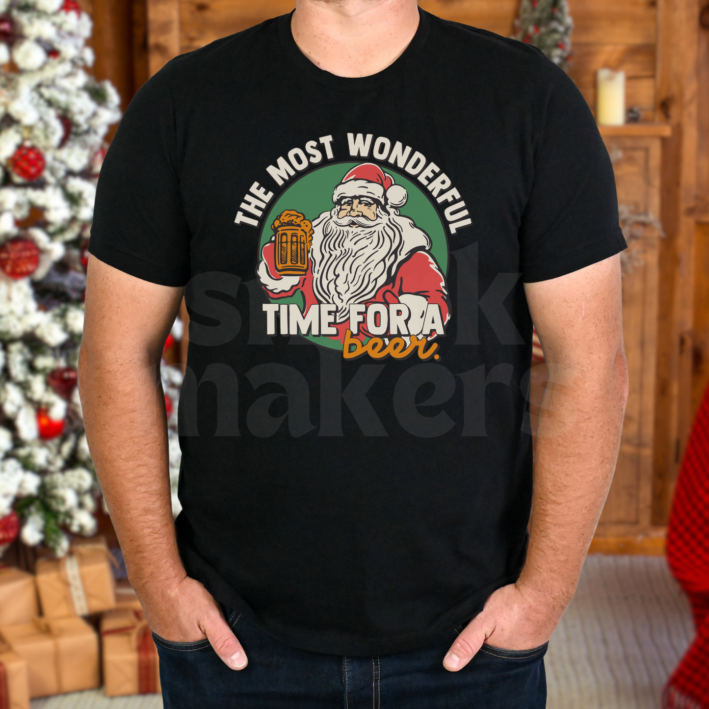 "Time for a beer" funny Christmas tee in black.