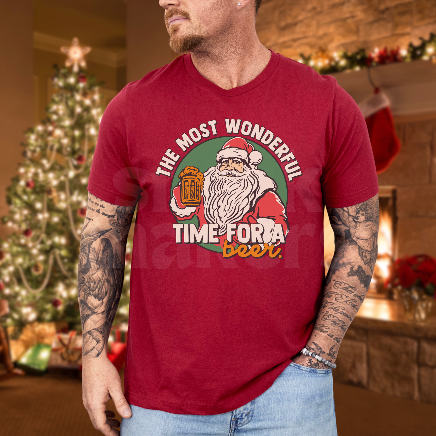 "Time for a beer" funny Christmas tee in red.