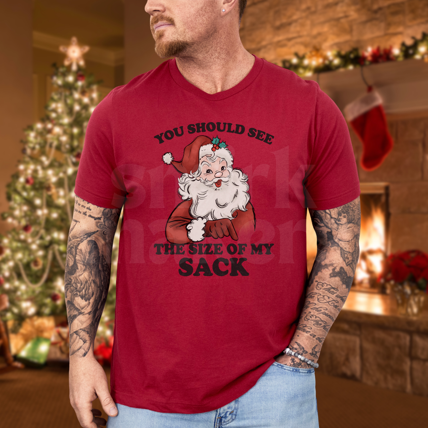 "You should see the size of my sack" funny Christmas tee in red.