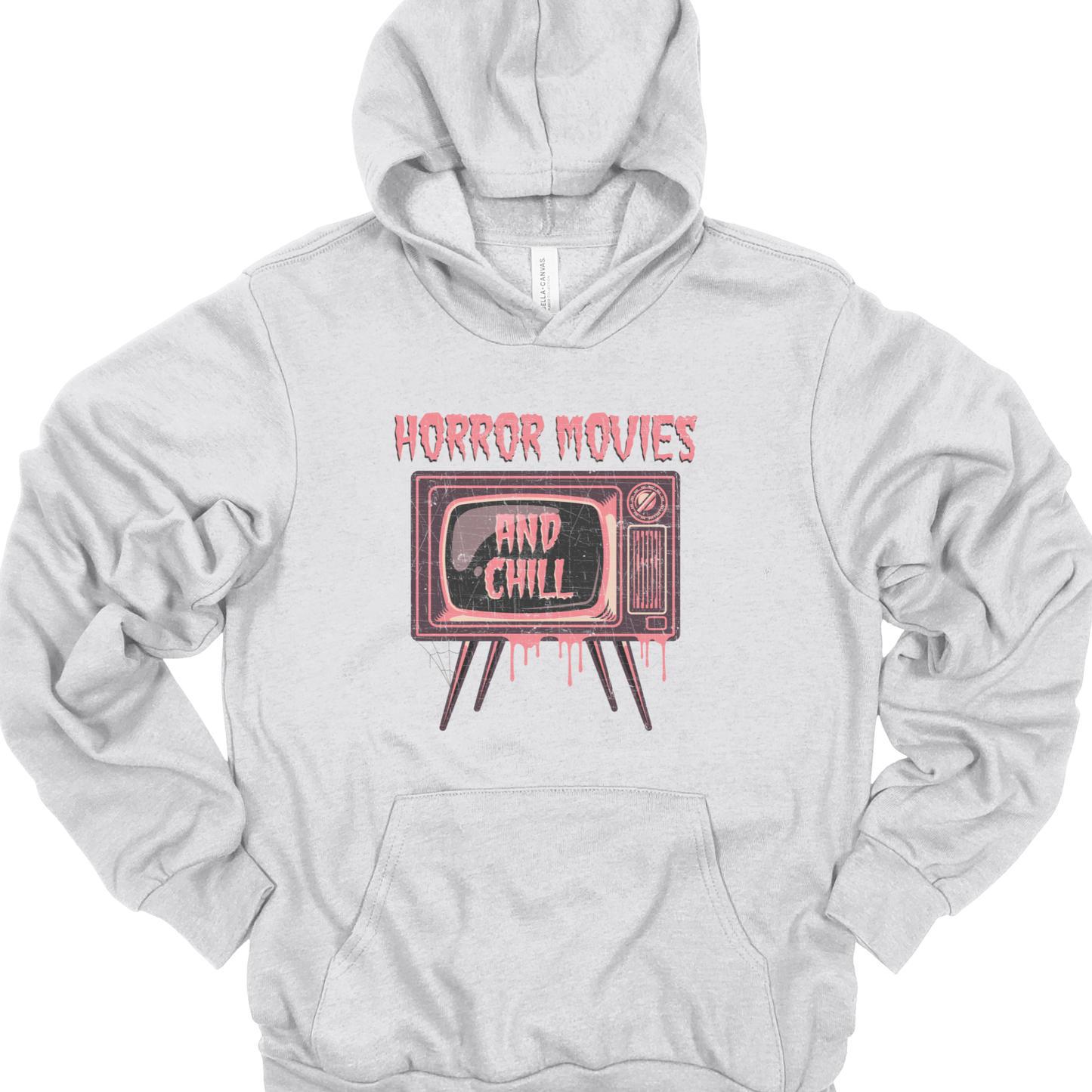 "Horror Movies and Chill" Halloween hoodie in ash.