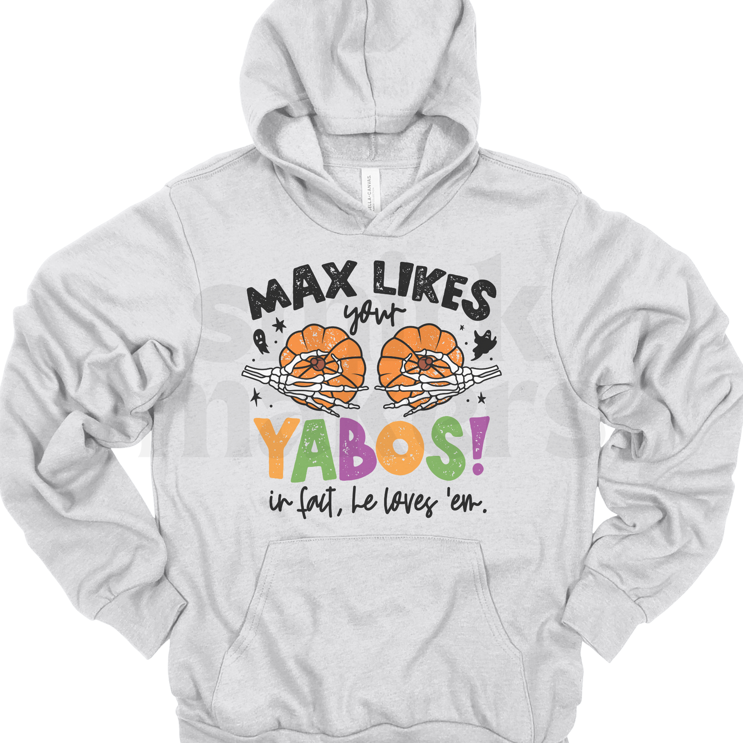 "Max Likes Your Yabos" Halloween hoodie in ash.