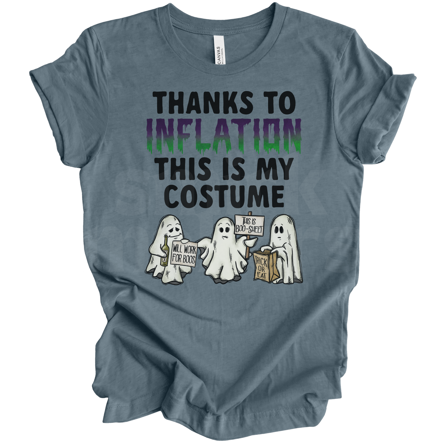 "Thanks to inflation this is my costume" Halloween tee in slate blue.