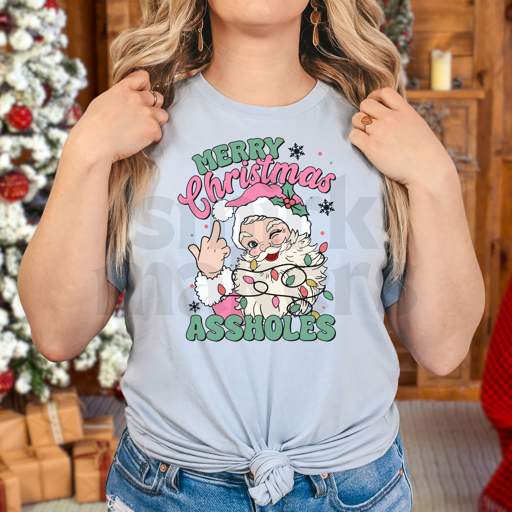 "Merry Christmas A-holes" girly Santa in baby blue tee.