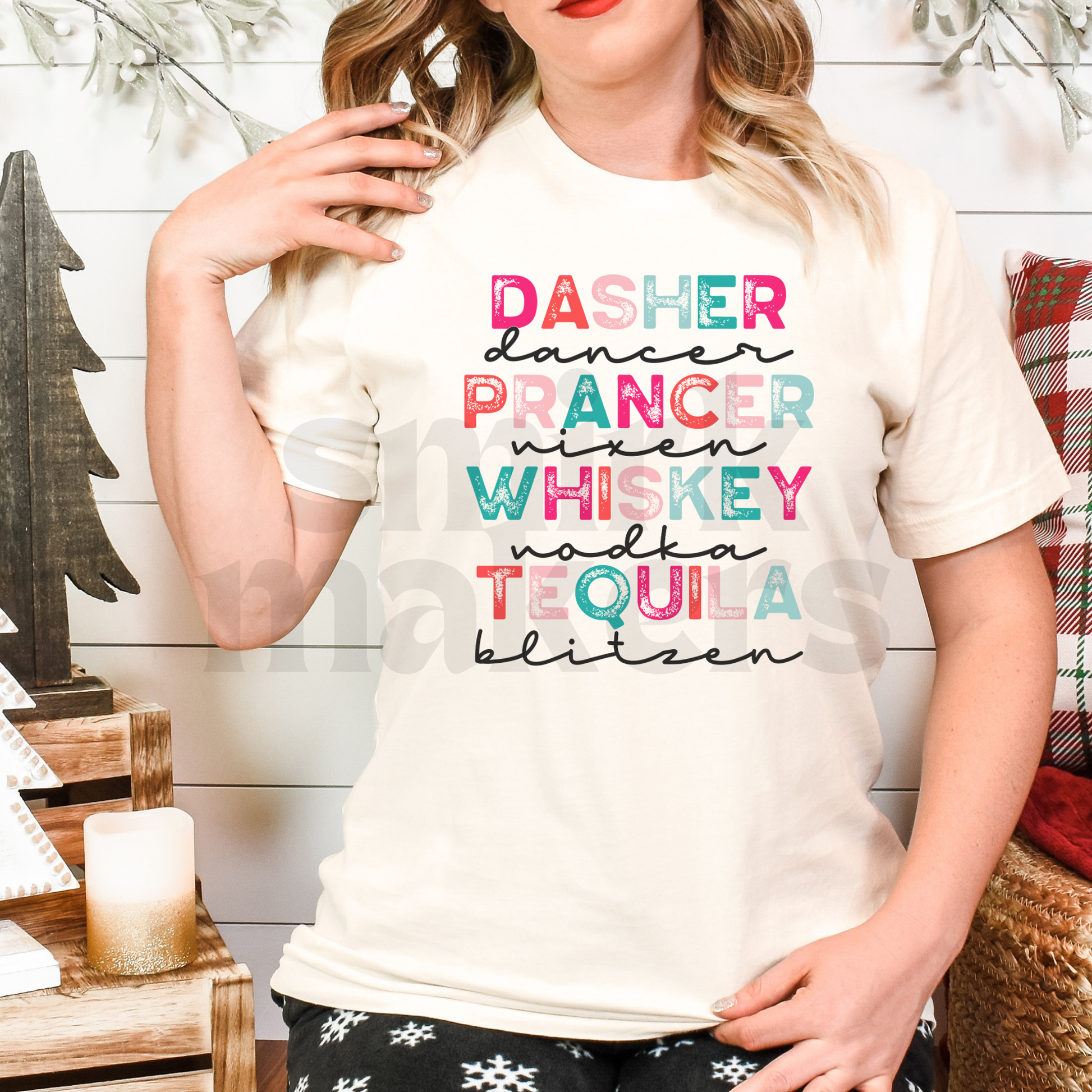 "Dasher, dancer, vixen, whiskey, vodka, tequila, blitzen" Christmas reindeers and alcohol funny tee in natural.