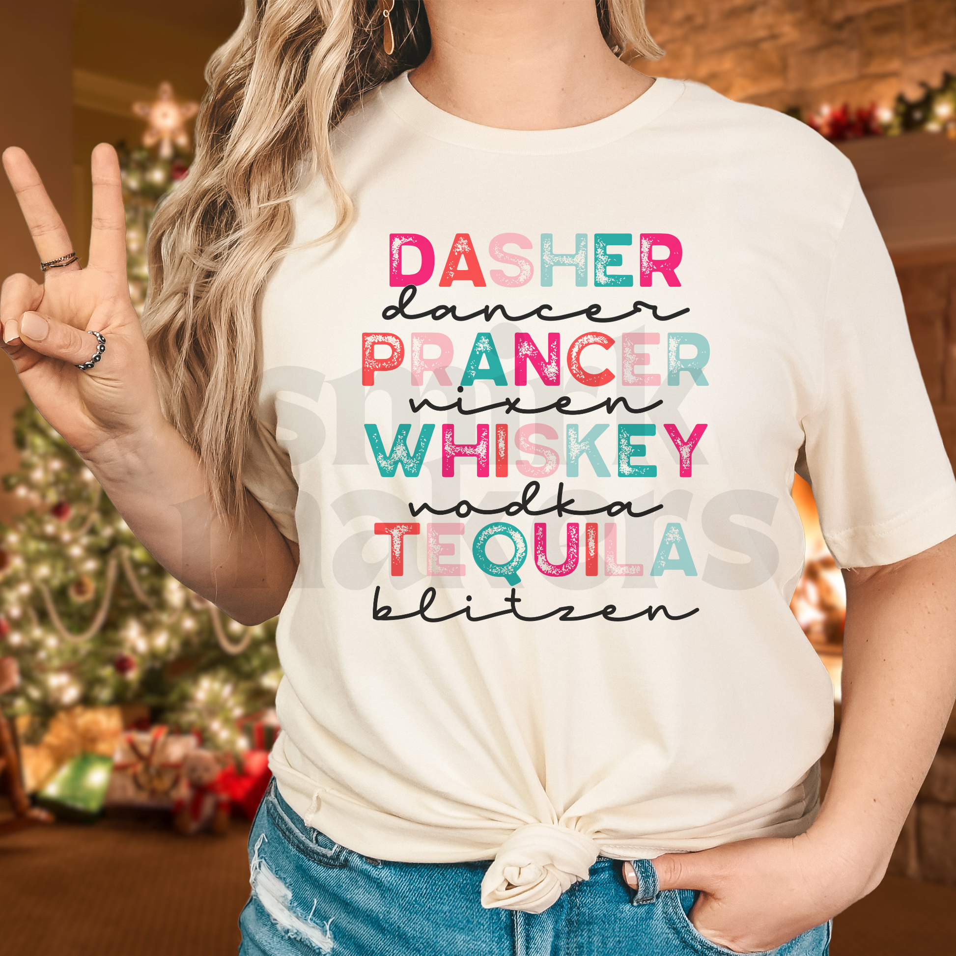 "Dasher, dancer, prancer, vixen, whiskey, vodka, tequila, blitzen" Christmas reindeer and alcohol tee in natural.