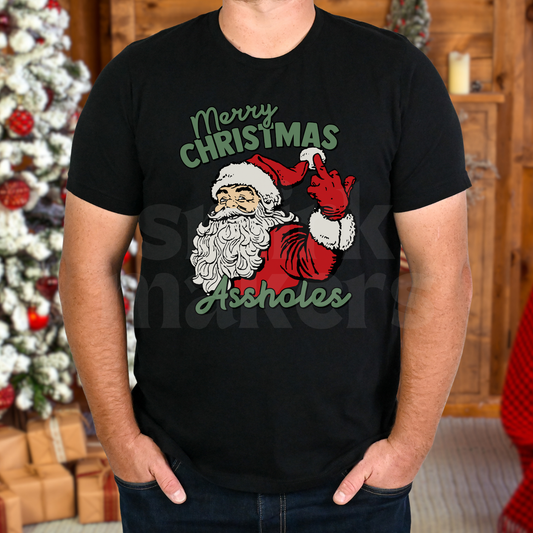 "Merry Christmas A-Holes" Christmas Santa graphic tee in black.