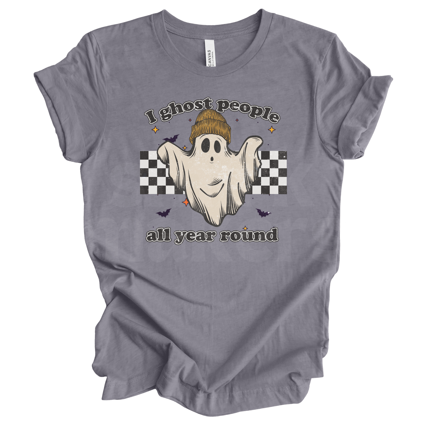 "I ghost people all year" Halloween tee in gray.