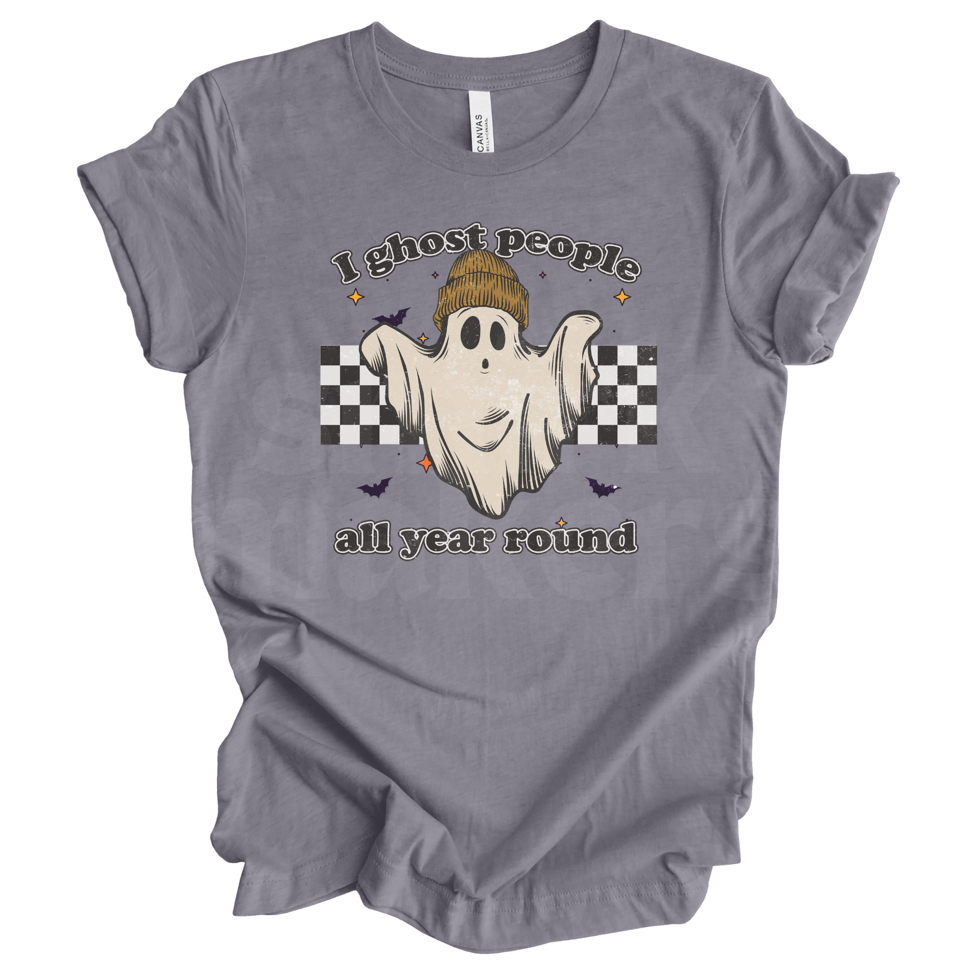 "I ghost people all year" Halloween tee in gray.