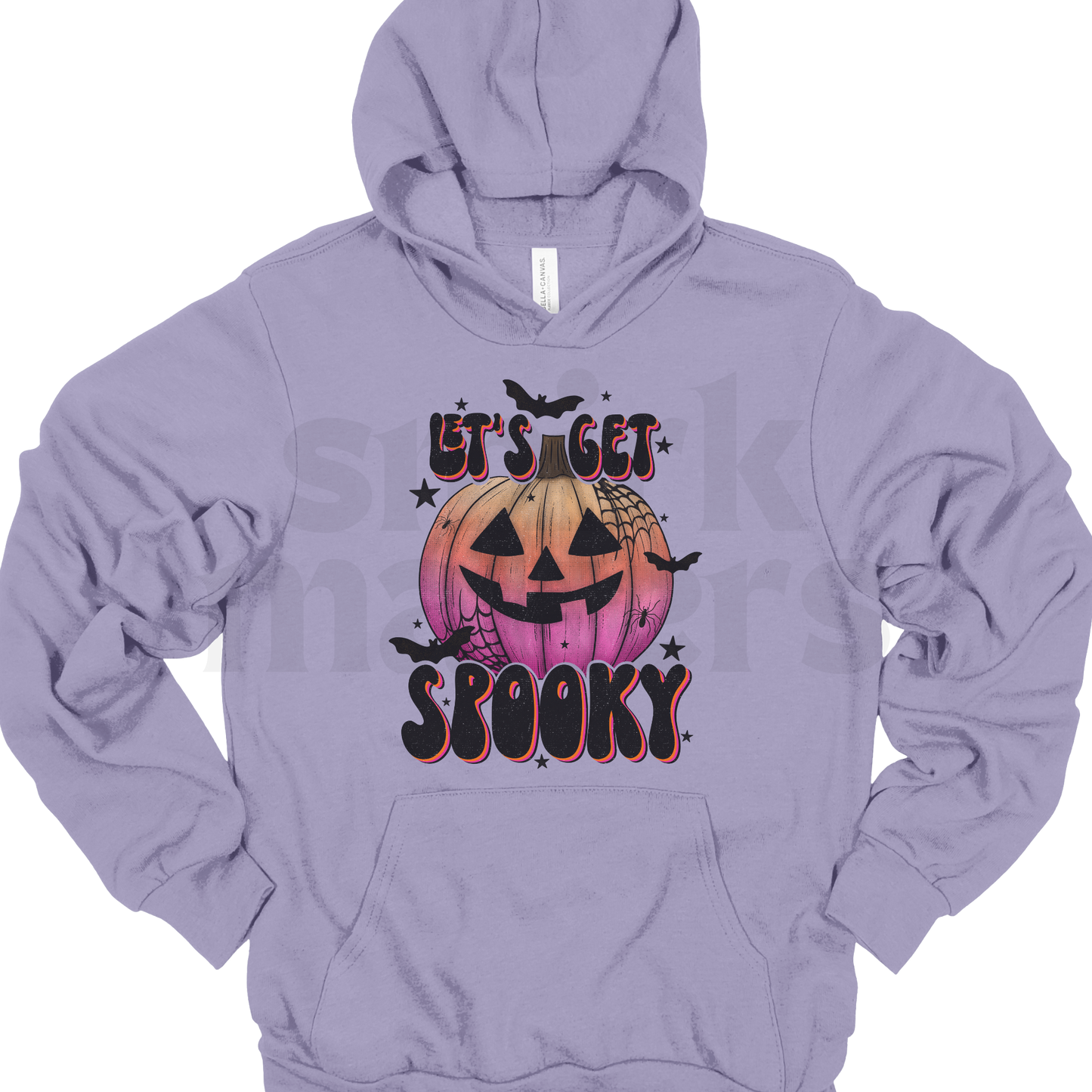 "Let's Get Spooky" Halloween hoodie in dark lavender.