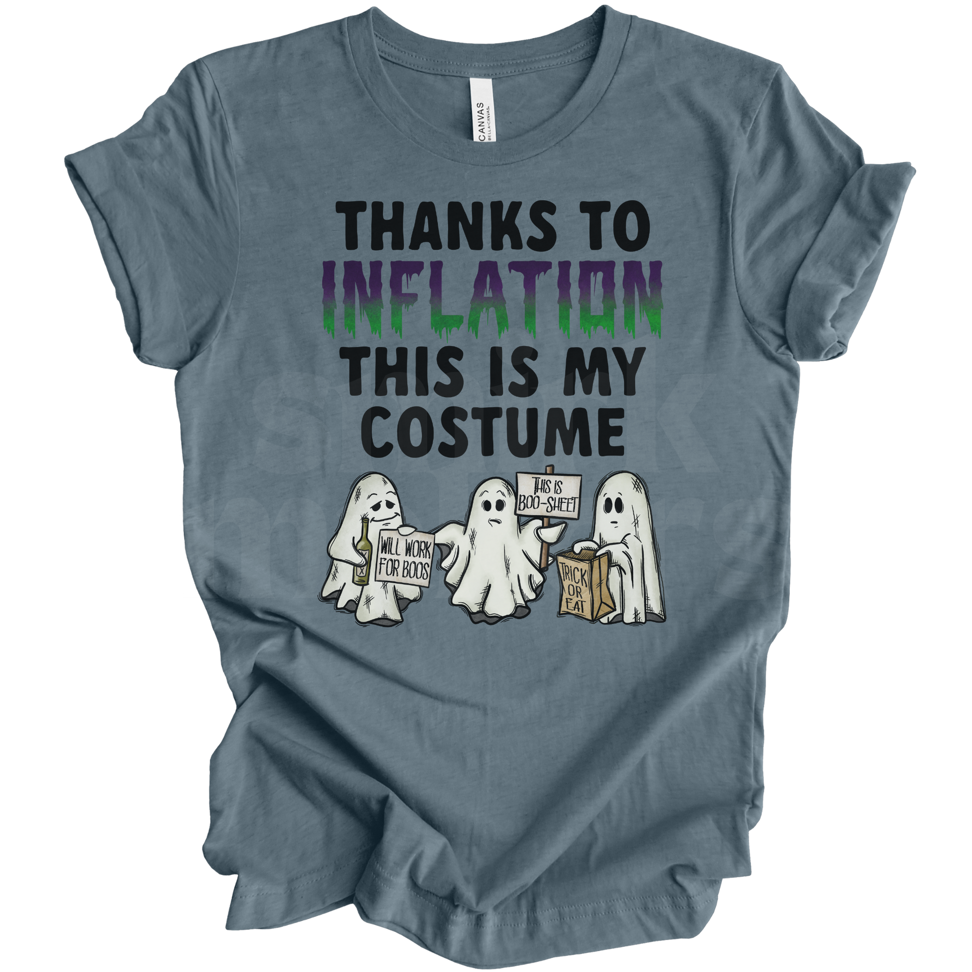 "Thanks to inflation this is my costume" Halloween tee in slate blue.