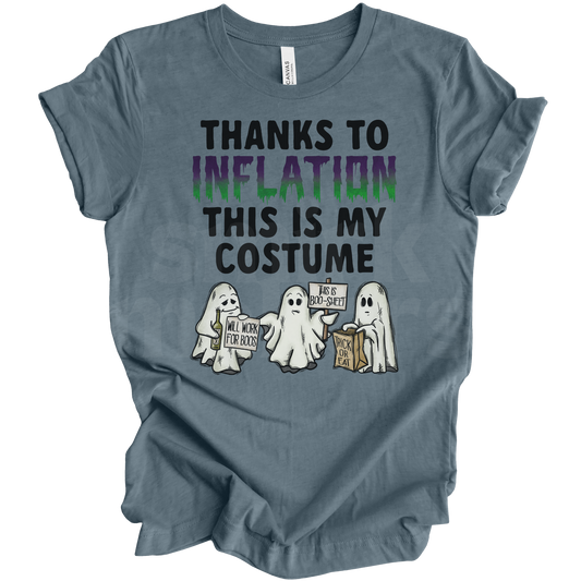 "Thanks to inflation this is my costume" Halloween tee in slate blue.